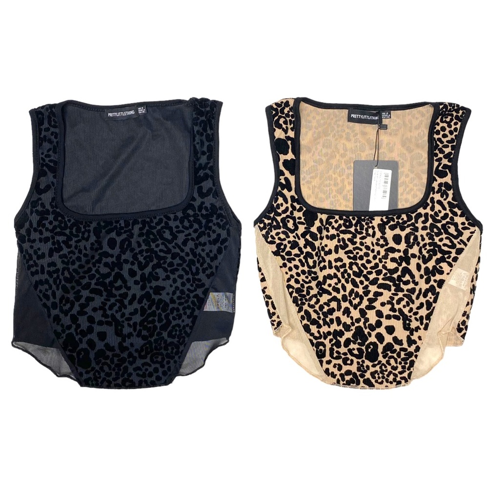 NWT PLT Leopard Ribbed Velvet Flocked Curve Hem Crop Mesh Tank Sz 4 XS Lot Of 2